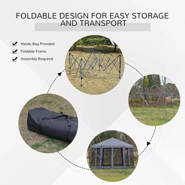 Outsunny 3.8m x 3.2m Pop Up Gazebo Hexagonal Canopy Tent Outdoor Sun Protection with 6 Mesh Sidewalls, Hand Bag, Grey - 4