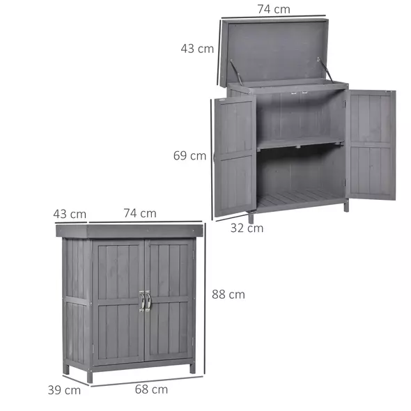 Outsunny Small Shed, Wooden Garden Shed with Openable Hinged Roof and Removable Shelf, Outdoor Tool Storage Cabinet Chest with Double Doors, 74 x 43 x 88 cm, Grey - 3