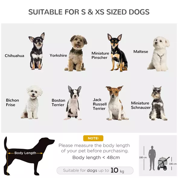 PawHut Dog Pram Pet Stroller for Small Dogs Cats, Foldable Dog Pushchair Trolley with Detachable Pet Carrier Bag, Shock Absorber, Adjustable Handlebar, Grey - 4
