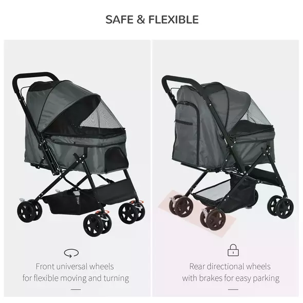 PawHut Pet Stroller Pushchair Foldable Travel Dog Cat Carriage w/ Reversible Handle Brake Basket - 4