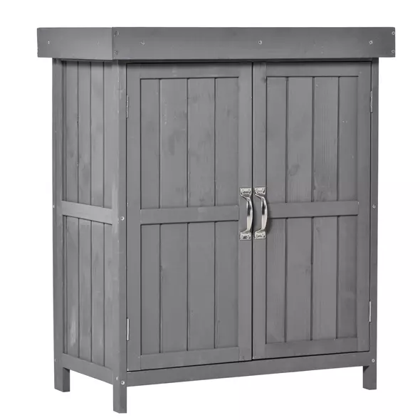 Outsunny Small Shed, Wooden Garden Shed with Openable Hinged Roof and Removable Shelf, Outdoor Tool Storage Cabinet Chest with Double Doors, 74 x 43 x 88 cm, Grey - 1