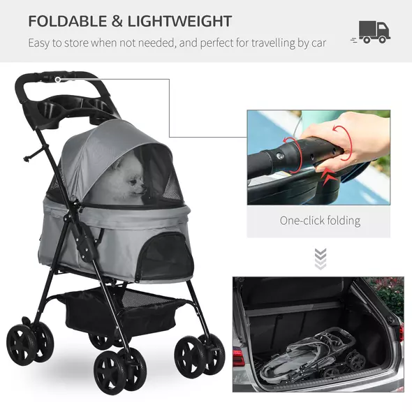 PawHut Dog Pram Dog Stroller Foldable Pet Pushchair with 4 Wheels, Safety Leashes, Cup Holder for Small Dogs, Grey - 4