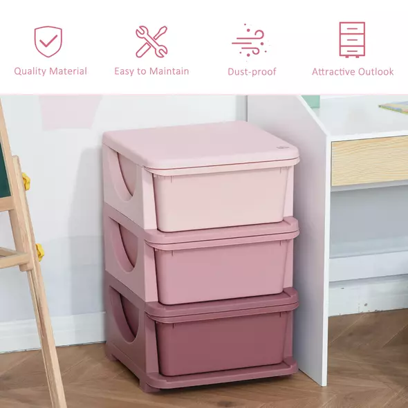 HOMCOM 3 Drawers Plastic Storage Units, 3 Tier Kids Storage Units, Children Toy Chest for Nursery, Playroom, Bedroom, Pink - 4