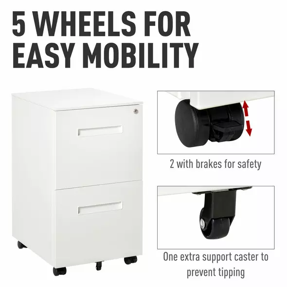 Vinsetto Metal Mobile File Cabinet with Wheels, Lockable 2 Drawer Filing Cabinet for A4, Legal, Letter, Compact Under Desk Storage Unit with Pre-Assembled Body for Home Office, 39 x 48 x 67cm, White - 5