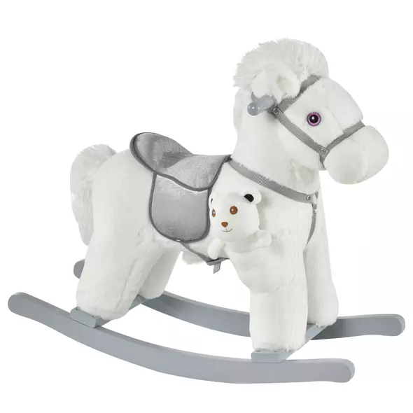 HOMCOM Kids Plush Ride-On Rocking Horse Toy Rocker with Plush Toy Realistic Sounds for Child 18-36 Months White - 1