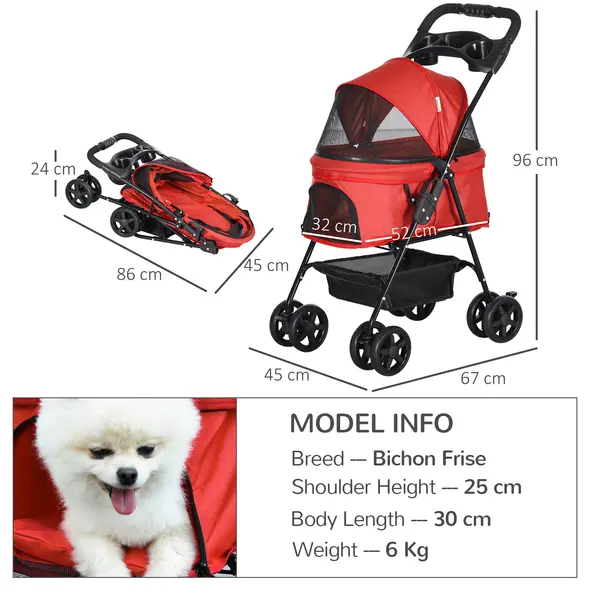 PawHut Dog Pram Dog Stroller Foldable Pet Pushchair with 4 Wheels, Safety Leashes, Cup Holder for Small Dogs, Red - 3