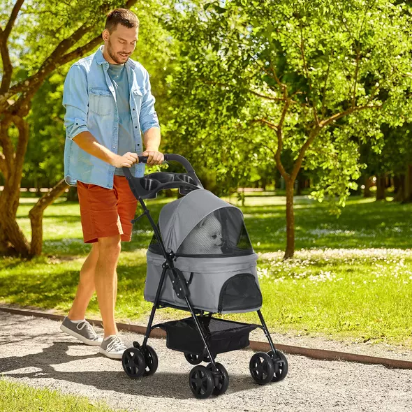 PawHut Dog Pram Dog Stroller Foldable Pet Pushchair with 4 Wheels, Safety Leashes, Cup Holder for Small Dogs, Grey - 2