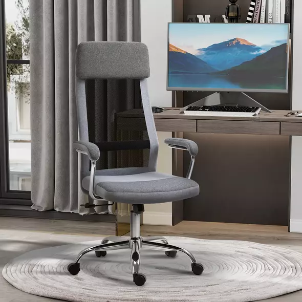 Vinsetto Office Chair, Ergonomic Desk Chair, High Back Computer Chair with Adjustable Height, Swivel Rolling Wheels, Mesh Back and Linen-Feel Fabric Seat for Home and Study, Grey - 1