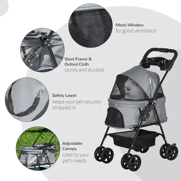 PawHut Dog Pram Dog Stroller Foldable Pet Pushchair with 4 Wheels, Safety Leashes, Cup Holder for Small Dogs, Grey - 6