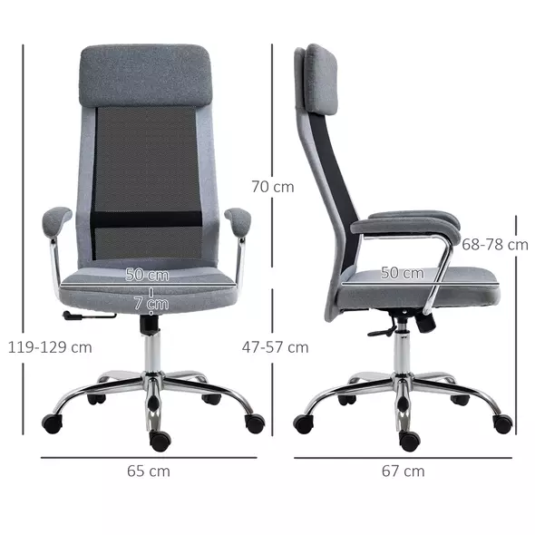 Vinsetto Office Chair, Ergonomic Desk Chair, High Back Computer Chair with Adjustable Height, Swivel Rolling Wheels, Mesh Back and Linen-Feel Fabric Seat for Home and Study, Grey - 3