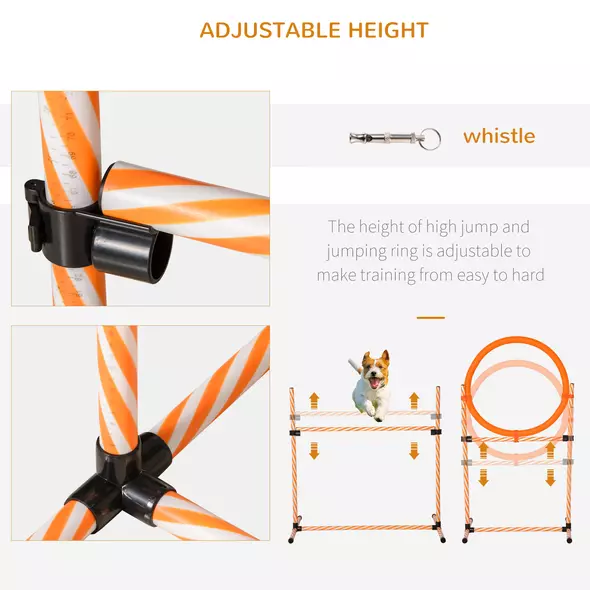 PawHut Dog Agility Equipment Pet Training Set with Adjustable Height Jump Ring Hurdle Whistle Weave Poles Square Pause Box Carry Bag - 5