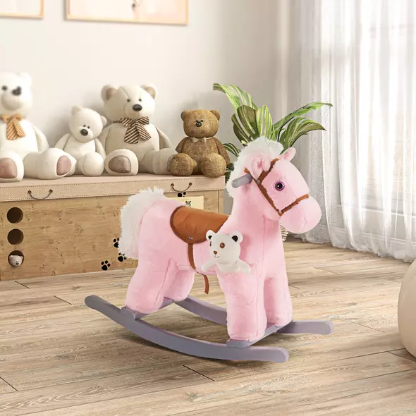 HOMCOM Kids Plush Ride-On Rocking Horse Toy Rocker with Plush Toy Realistic Sounds for Child 18-36 Months Pink - 2