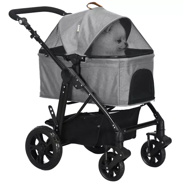 PawHut Dog Pram Pet Stroller for Small Dogs Cats, Foldable Dog Pushchair Trolley with Detachable Pet Carrier Bag, Shock Absorber, Adjustable Handlebar, Grey - 1