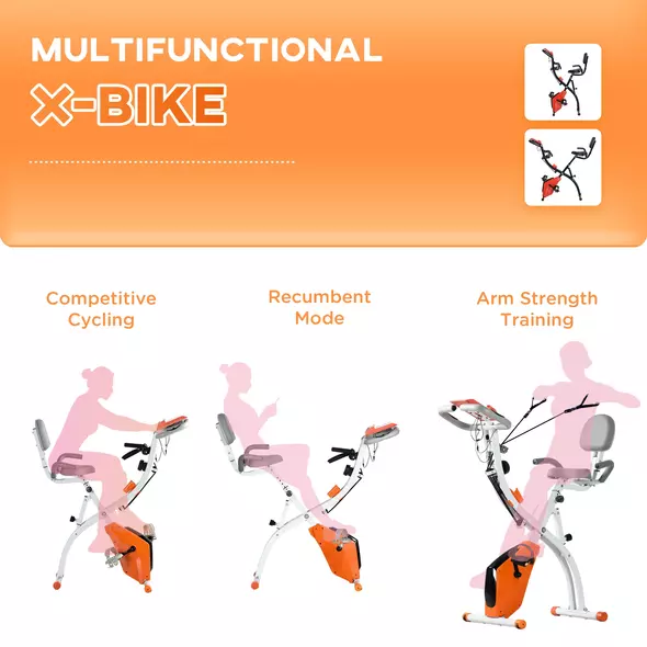 HOMCOM 2-in-1 Folding Exercise Bike with 8-Level Magnetic Resistance, Arm Resistance Band, Pulse Sensor, Orange - 7