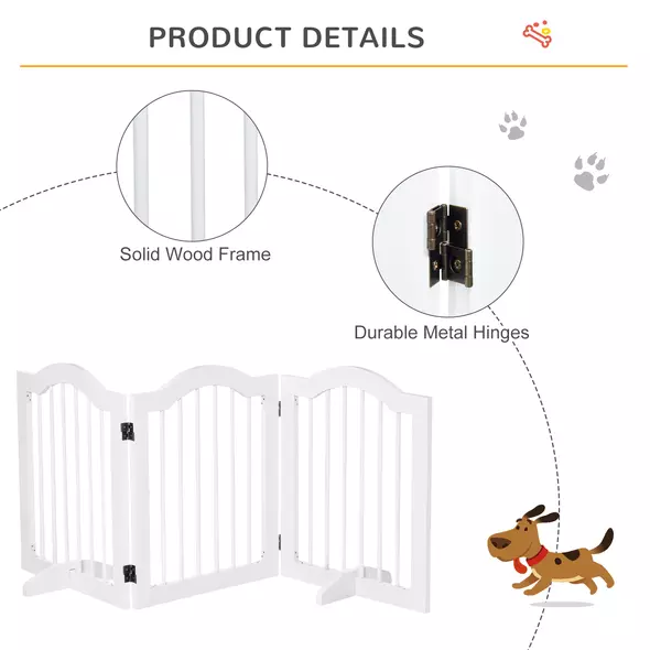 PawHut 3 Panels Dog Gate w/ Support Feet Fence Safety Barrier Freestanding Wood White - 6
