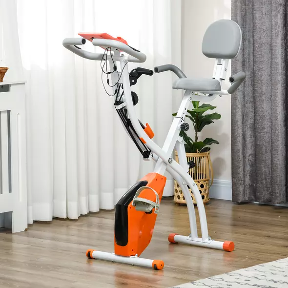 HOMCOM 2-in-1 Folding Exercise Bike with 8-Level Magnetic Resistance, Arm Resistance Band, Pulse Sensor, Orange - 2