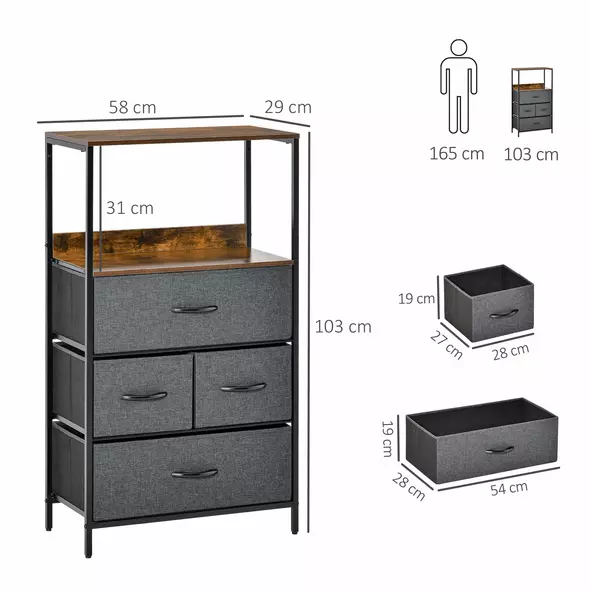 HOMCOM 4 Drawer Storage Chest Unit Home Cabinet w/ Shelves Home Living Room Bedroom Entryway Living Furniture, Black - 3