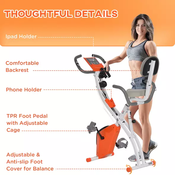 HOMCOM 2-in-1 Folding Exercise Bike with 8-Level Magnetic Resistance, Arm Resistance Band, Pulse Sensor, Orange - 9