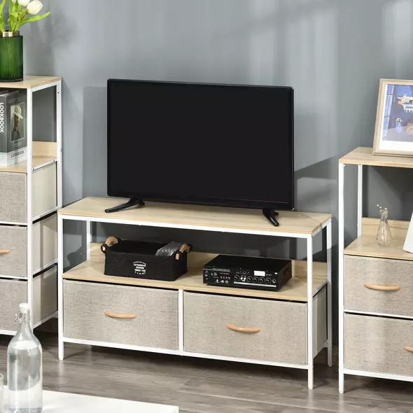 HOMCOM TV Stand Cabinet with 2 Foldable Drawers - Maple Colour - 2