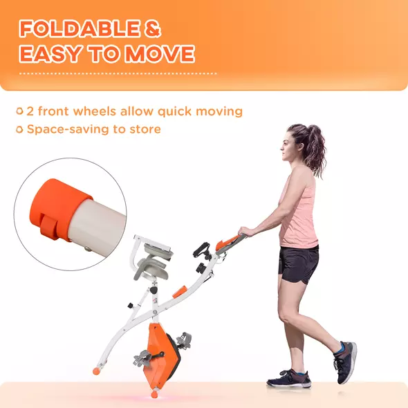 HOMCOM 2-in-1 Folding Exercise Bike with 8-Level Magnetic Resistance, Arm Resistance Band, Pulse Sensor, Orange - 8