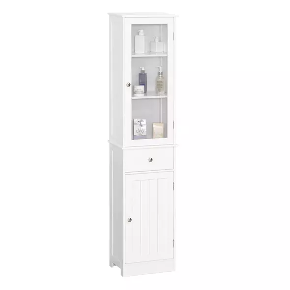 kleankin Bathroom Storage Cabinet with 3-tier Shelf Drawer Door, Floor Cabinet Free Standing Tall Slim Side Organizer Shelves, White - 1