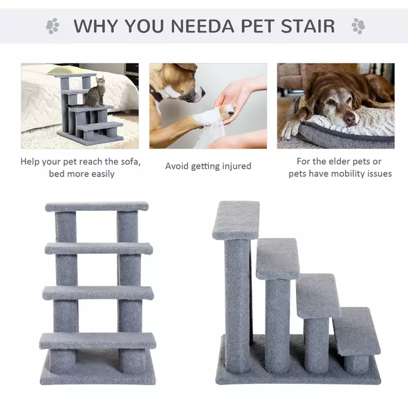 PawHut Dog Steps for Bed 4 Step Pet Stairs for Sofa Dog Cat Climb Ladder 63x43x60 cm Grey - 6