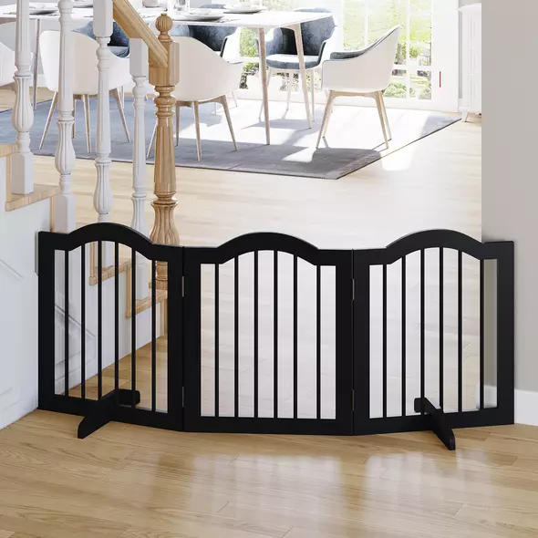PawHut Freestanding Pet Gate Wooden Dog Gate with Support Feet Foldable Pet Fence Safety Barrier for the House Doorway Stairs Black - 2
