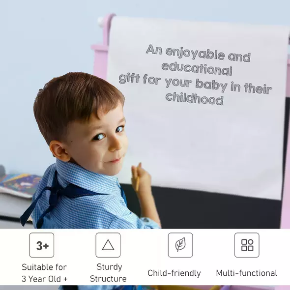 HOMCOM Kids Easel 3 in 1 Wooden Art Easel with Paper Roll Double-Sided Chalkboard & Whiteboard with Storage Baskets for Toddler Girls, Pink - 7