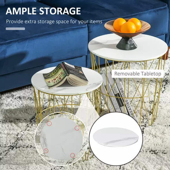 HOMCOM Set of 2 Nesting Side Tables with Storage, Round End Tables Coffee Tables with Steel Frame and Removable Round Top, for Living Room, bedroom, office, White - 4
