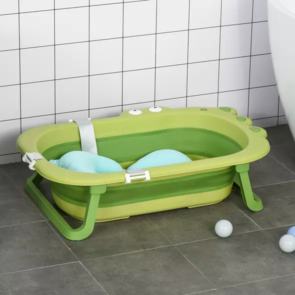 HOMCOM Baby Bath Tub for Toddler Kids Infant Ergonomic Foldable Secure Non-Slip Portable with Baby Cushion for 0-3 Years Green - 2