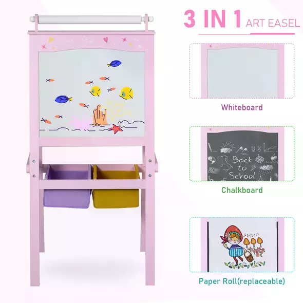 HOMCOM Kids Easel 3 in 1 Wooden Art Easel with Paper Roll Double-Sided Chalkboard & Whiteboard with Storage Baskets for Toddler Girls, Pink - 4