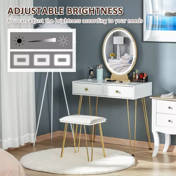 HOMCOM Dressing Table with LED Mirror and Cushioned Stool, Vanity Desk with Acrylic Lipstick Holder and 2 Drawers, Makeup Table for Bedroom, White - 4