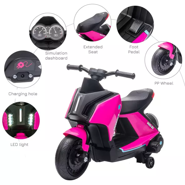 HOMCOM 6V Kids Electric Motorbike Ride On Toy w/ Music LED Lights Safety Training Wheels for Girls Boy 2-4 Years Pink - 6