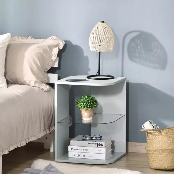 HOMCOM Modern Side Table Three Layer Bedside Table Nightstand with 2 Storage Shelves, for Living room, Bedroom, Grey - 2