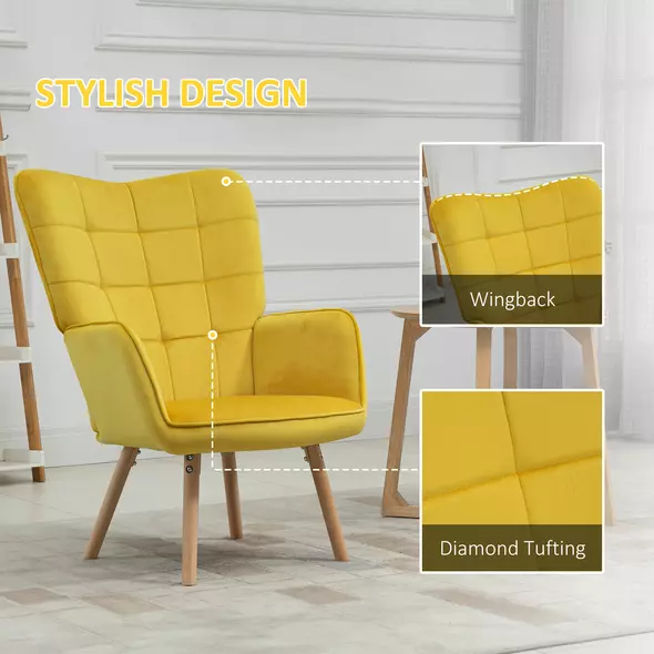 HOMCOM Modern Accent Chair, Upholstered Tufted Wingback Armchair with Seat Padding, Velvet Leisure Lounge Bedroom Chair with Wood Legs, Yellow - 5