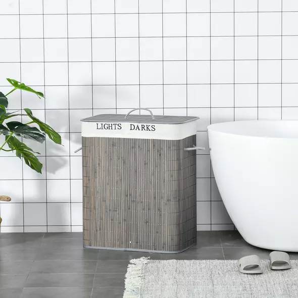 HOMCOM 100L Laundry Basket with Lid String Handles, 2 Section Collapsible Hamper Removable Lining Foldable Water-Resistant Dirty Clothes Storage, Grey - 2