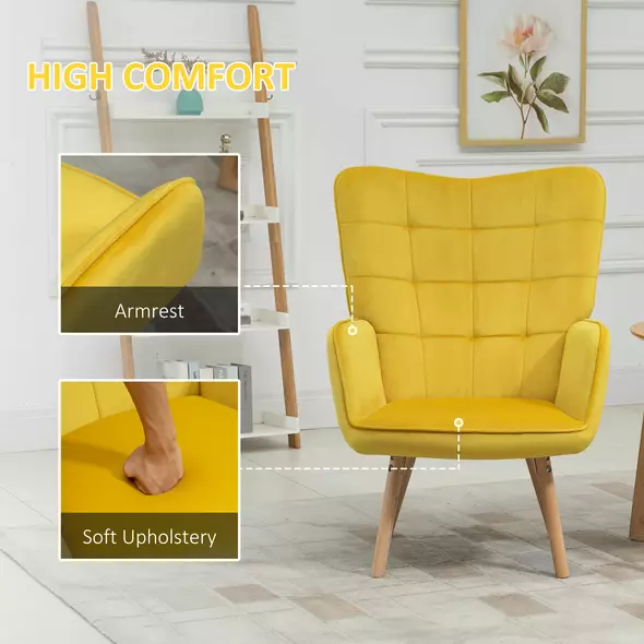 HOMCOM Modern Accent Chair, Upholstered Tufted Wingback Armchair with Seat Padding, Velvet Leisure Lounge Bedroom Chair with Wood Legs, Yellow - 4