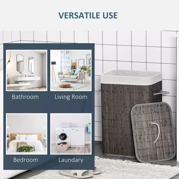 HOMCOM Laundry Basket with Flip Lid and String Handles, Collapsible Hamper Removable Lining Board Base Foldable Water-Resistant Dirty Clothes Storage, Grey - 7