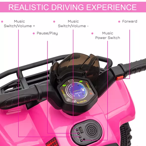 HOMCOM 6V Kids Electric Ride on Car Toddlers Quad Bike All Terrain Vehicle Toy With Music for 18-36 months Pink - 6