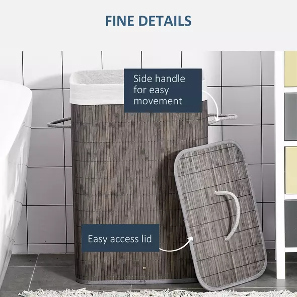 HOMCOM Laundry Basket with Flip Lid and String Handles, Collapsible Hamper Removable Lining Board Base Foldable Water-Resistant Dirty Clothes Storage, Grey - 5