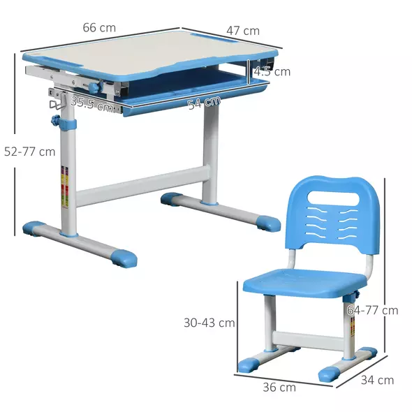 HOMCOM Kids Desk and Chair Set, Height Adjustable Student Writing Desk, Children School Study Table with Tiltable Desktop, Drawer, Pen Slot, Hook - Blue - 3