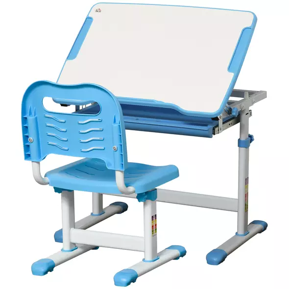 HOMCOM Kids Desk and Chair Set, Height Adjustable Student Writing Desk, Children School Study Table with Tiltable Desktop, Drawer, Pen Slot, Hook - Blue - 1