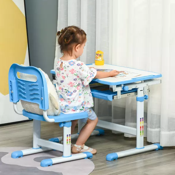 HOMCOM Kids Desk and Chair Set, Height Adjustable Student Writing Desk, Children School Study Table with Tiltable Desktop, Drawer, Pen Slot, Hook - Blue - 2