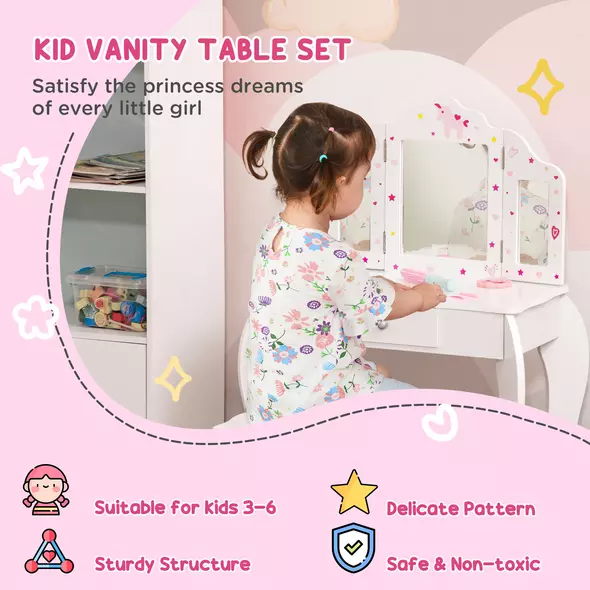 HOMCOM Kids Vanity Table and Chair Set with Tri-Folding Mirror and Stool, Makeup Dressing Table with Drawer, White - 4