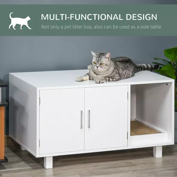 PawHut Wooden Cat Litter Box Enclosure & House with Nightstand/End Table Design, Scratcher, & Magnetic Doors, White - 4