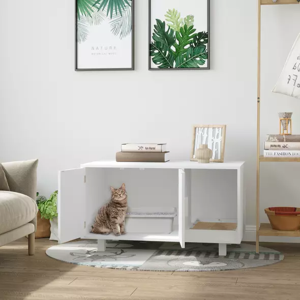 PawHut Wooden Cat Litter Box Enclosure & House with Nightstand/End Table Design, Scratcher, & Magnetic Doors, White - 2