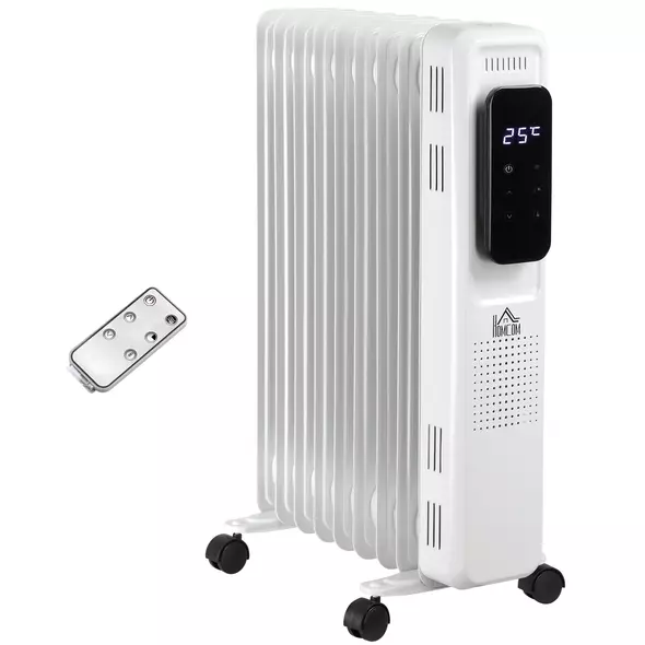 HOMCOM 2000W Oil Filled Radiator, 9 Fin Portable Electric Heater with LED Display, 24H Timer, 3 Heat Settings, Adjustable Thermostat, Safety Cut off, Remote Control, White - 1