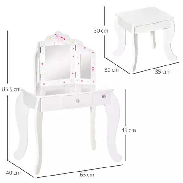 HOMCOM Kids Vanity Table and Chair Set with Tri-Folding Mirror and Stool, Makeup Dressing Table with Drawer, White - 3