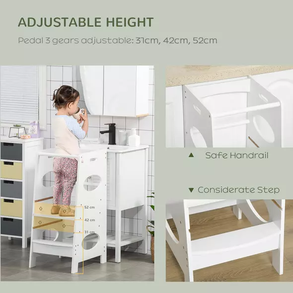 HOMCOM Toddler Step Stool Kids Adjustable Standing Tower with Safety Rail for Kitchen Counter White - 4