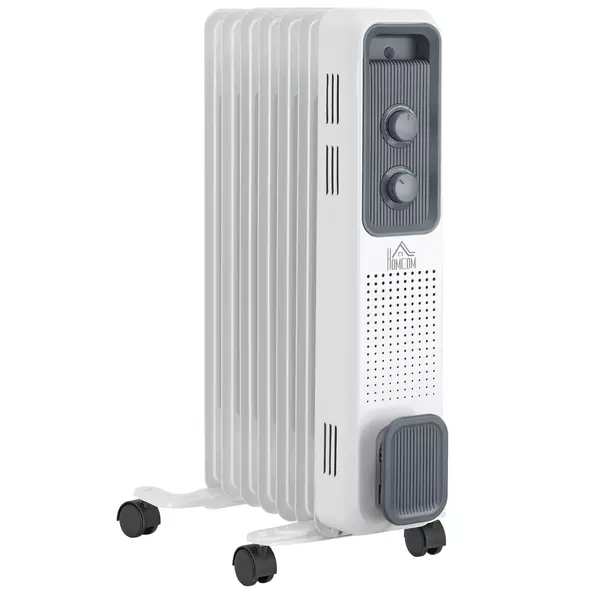 HOMCOM 1500W Oil Filled Radiator, Portable Electric Heater with 3 Heat Settings, Safety Cut-Off and Wheels, White - 1